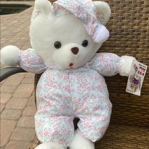 Dollcraft Toys Vintage soft white‎ bear pink floral pajamas Made In USA Puffy